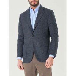 Ashki.i Blazer blu denim in pied de poule di misto lana con tasche applicate sul davanti