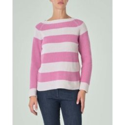 Hlo! Maglia girocollo in misto lana e cashmere a costa inglese a righe rosa con inserti in lurex