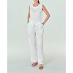 Zelino Pantaloni palazzo bianchi in lino con fascia in vita con elastico inserito