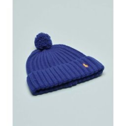Ralph Lauren Berretto blu a coste in misto lana con pompon e logo ricamato a contrasto sul risvolto