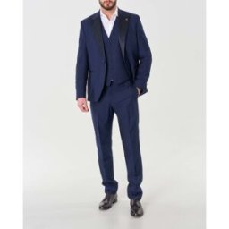 Manuel Ritz Abito blu in tela di viscosa stretch micro pied de poule con gilet e rever in raso