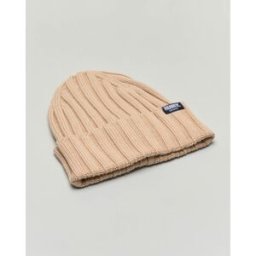 Husky Berretto color cammello in cotone e lana a coste larga con risvolto e etichetta logo cucita a lato