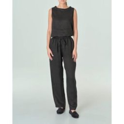 Puro Lino Pantaloni palazzo neri in lino con fascia in vita con elastico inserito