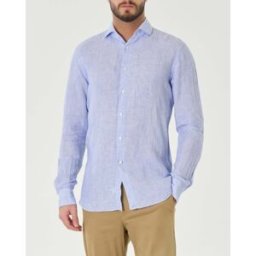 Xacus Camicia bastoncino bianco e azzurro in puro lino tailor fit