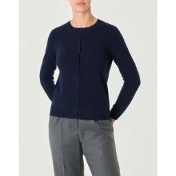 Cachemire Line Cardigan blu girocollo in puro cashmere con chiusura a bottoni tono su tono