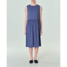 Hlo! Abito midi smanicato in popeline blu dalla linea svasata con arricciatura in vita