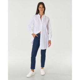 Hlo! Camicia bianca dalla linea ampia lunga in puro cotone con ricami stile Sangallo all over