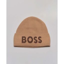 Boss Berretto color cammello in misto lana e cashmere a coste inglesi con logo jacquard marrone sul risvolto