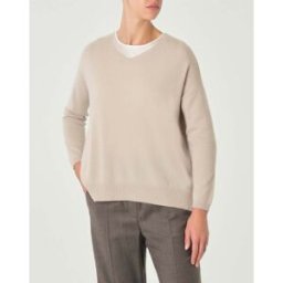 Cachemire Line Maglia boxy beige in puro cashmere con scollo a V