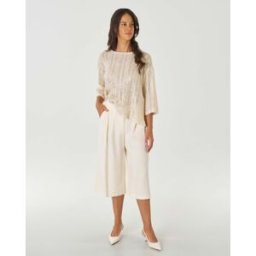 Hlo! Pantaloni cropped color crema in misto viscosa con pinces in vita