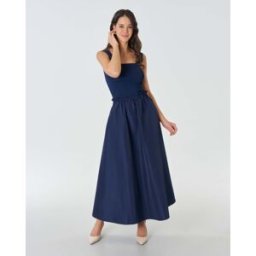 Hlo! Gonna lunga blu in taffetà con elastico e arricciatura in vita