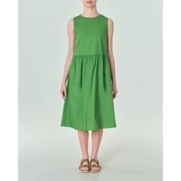 Hlo! Abito midi smanicato in popeline verde chiaro dalla linea svasata con arricciatura in vita