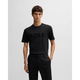 T-shirt nera mezza manica in puro cotone con logo Boss applicato