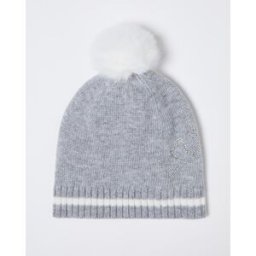 Liujo Berretto grigio in misto lana con fondo a coste e pon pon bianco in ecopelliccia