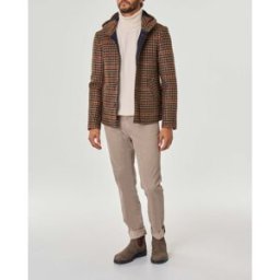 Giubbino beige nero e arancio in fantasia check pied de coque in panno di lana cotta con cappuccio