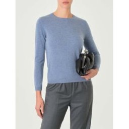 Cachemire Line Maglia azzurro denim girocollo in cashmere con profili lavorati a costine