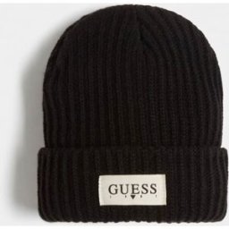 Guess Berretto nero a coste con risvolto e logo