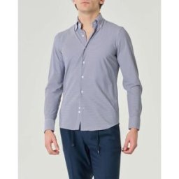 Rodolfo Pellizzari Camicia blu micro pied de poule in tessuto tecnico hyper comfort con collo button down
