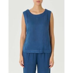 Puro Lino Top color ottanio in lino senza maniche con fondo stondato e spacchetti laterali