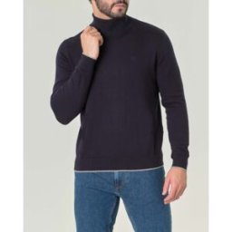 Armani Dolcevita blu in cotone e cashmere con logo ricamato sul petto