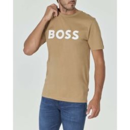 T-shirt color cammello mezza manica con maxi logo Boss bianco stampato