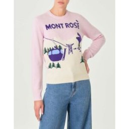 MC2 Saint Barth Maglia rosa in lana e cashmere con paesaggio montano jacquard e scritta viola Mont Rosè