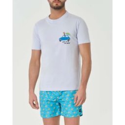 My Stuff T-shirt color ghiaccio mezza manica in pima cotton con ricamo let's go to the beach e stampa giraffa in macchina