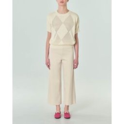Hlo! Pantaloni cropped beige in jersey punto Milano con elastico in vita