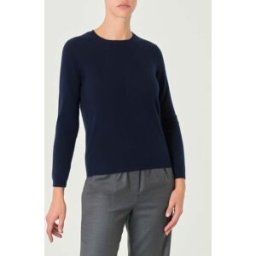 Cachemire Line Maglia blu girocollo in cashmere con profili lavorati a costine