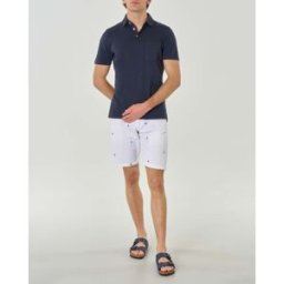 Priority House Polo blu mezza manica in cotone fiammato con taschino al petto