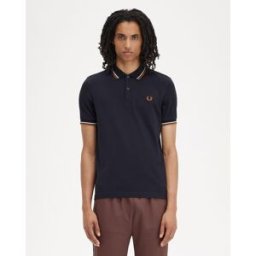 Fred Perry Polo blu mezza manica con bordino bianco e caramello