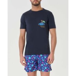 My Stuff T-shirt blu mezza manica in pima cotton con ricamo let's go to the beach e stampa giraffa in macchina