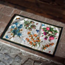 Tessitura Toscana Telerie Tappeto avorio 52x180cm in materiale riciclato a stampa fiori di carciofo bluette arnacioni e fucsia