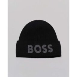 Boss Berretto nero in misto lana e cashmere a coste inglesi con logo jacquard grigio sul risvolto
