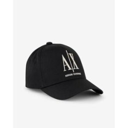 Armani Cappellino nero a visiera in cotone con scritta logo oro ricamata
