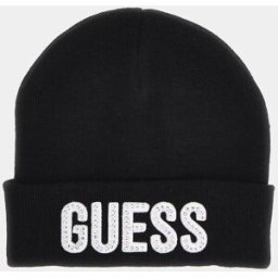 Guess Berretto nero a costine con risvolto e scritta logo bianca con strass