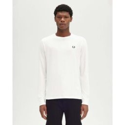 Fred Perry T-shirt bianca manica lunga in puro cotone con logo corona d'alloro sul petto