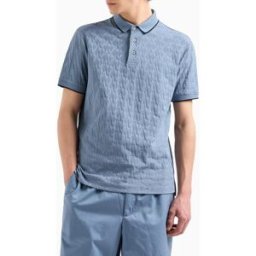Armani Polo azzurra mezza manica in puro cotone con logo jacquard all over e bordino