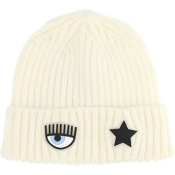 Chiara Ferragni Berretto avorio a coste con risvolto e patch logo eyestar S-L