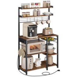 VASAGLE Scaffale da Cucina con Prese di Corrente Ganci a S, Marrone Vintage + Nero Inchiostro