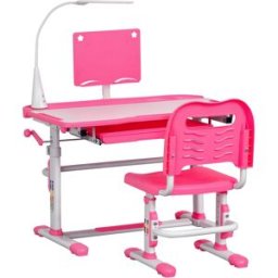Homcom Set Scrivania per Bambini 6-12 Anni con Sedia Regolabile in Altezza, Cassetto, Luce e Piano Inclinabile, Rosa