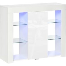 Homcom Credenza Moderna a Anta con Luci LED e Mensole in Vetro, Mobile Multiuso in Legno con Finitura Lucida, 97x35x83cm, Bianco Aosom