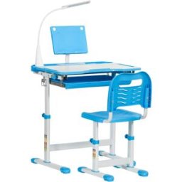 Homcom Scrivania per Bambini con Sedia Regolabile per Età 6-12 Anni Piano Inclinabile a 45 Gradi con Lampada LED Acciaio e MDF Blu Aosom