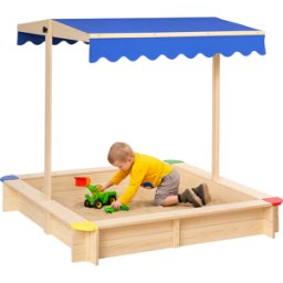 Outsunny Sabbiera per Bambini in Legno con Panca e Tettuccio Parasole Regolabile, 120x120x120cm, Colore Legno e Blu Aosom