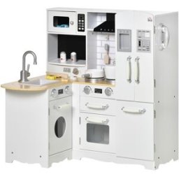 Homcom Cucina Giocattolo in Legno per Bambini 3-6 Anni con 14 Accessori, Forno e Lavandino, 82x65x87 cm, Bianco Aosom
