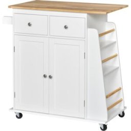 Homcom Carrello da Cucina Portaspezie a 3 Livelli con 4 Ruote Girevoli, Portavivande con Armadietto in Legno, 89x45x89.5cm, Bianco Aosom