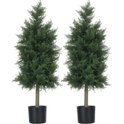 Homcom Set 2 Piante Finte di Cedro in PE con Vaso di Plastica PP, in Acciaio e Cemento, 38x12.5x90 cm, Verde Aosom