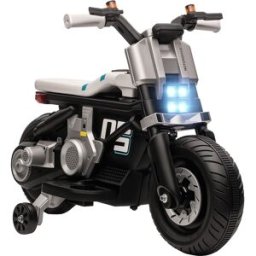 Homcom Moto Elettrica Bambini 3-5 Anni, PP e Metallo, con Rotelle, Clacson e Musica, Gioco Sicuro, 86x44x58 cm, Bianco e Nero Aosom