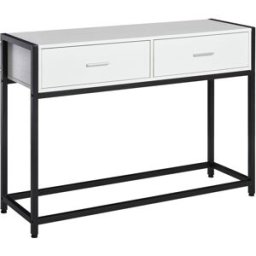Homcom Tavolo Consolle per Ingresso con 2 Cassetti, Piano d'appoggio in Legno Bianco e Gambe in Metallo Nero 120x34x81cm