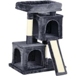 Pawhut Albero Tiragraffi per Gatti con Pali in Sisal, Lettino e 2 Casette, 59x39x83cm, Nero Aosom